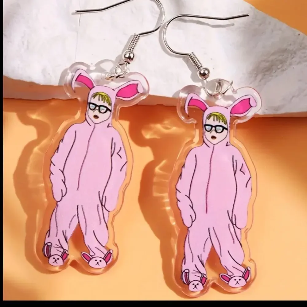 A Christmas Story Ralphie Pink Bunny Suit Dangle Earrings NWT